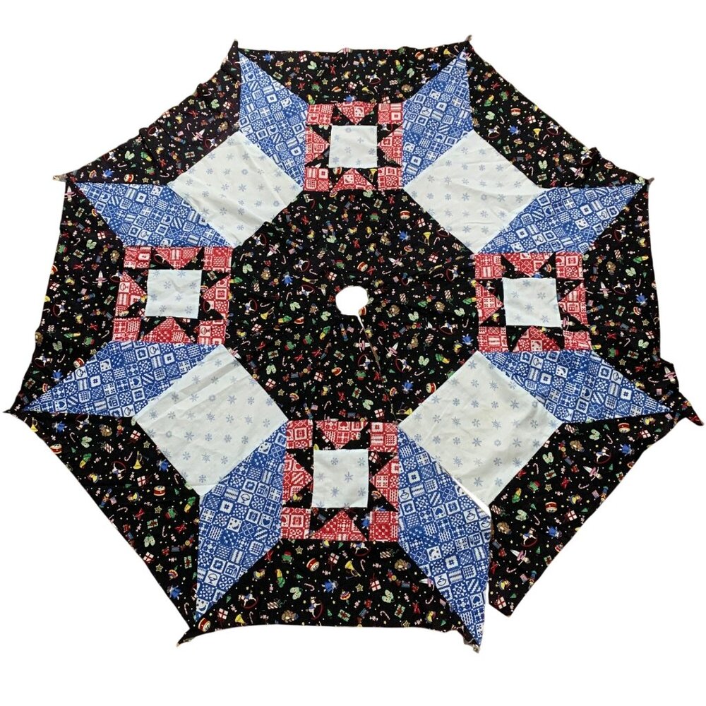 VTG Patriotic Christmas Tree Skirt Quilt Patchwork Unfinished Stars Mittens Bear